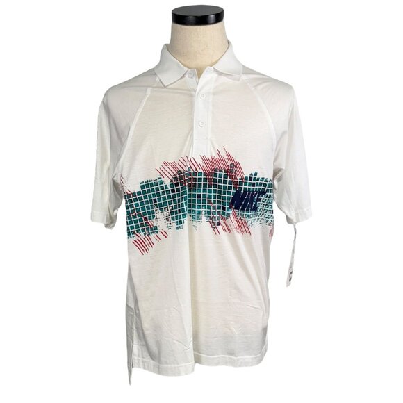 Nike Vintage 80S Grid Print Polo Shirt White Mercerized Cotton Rare Deadstock M - Picture 1 of 10